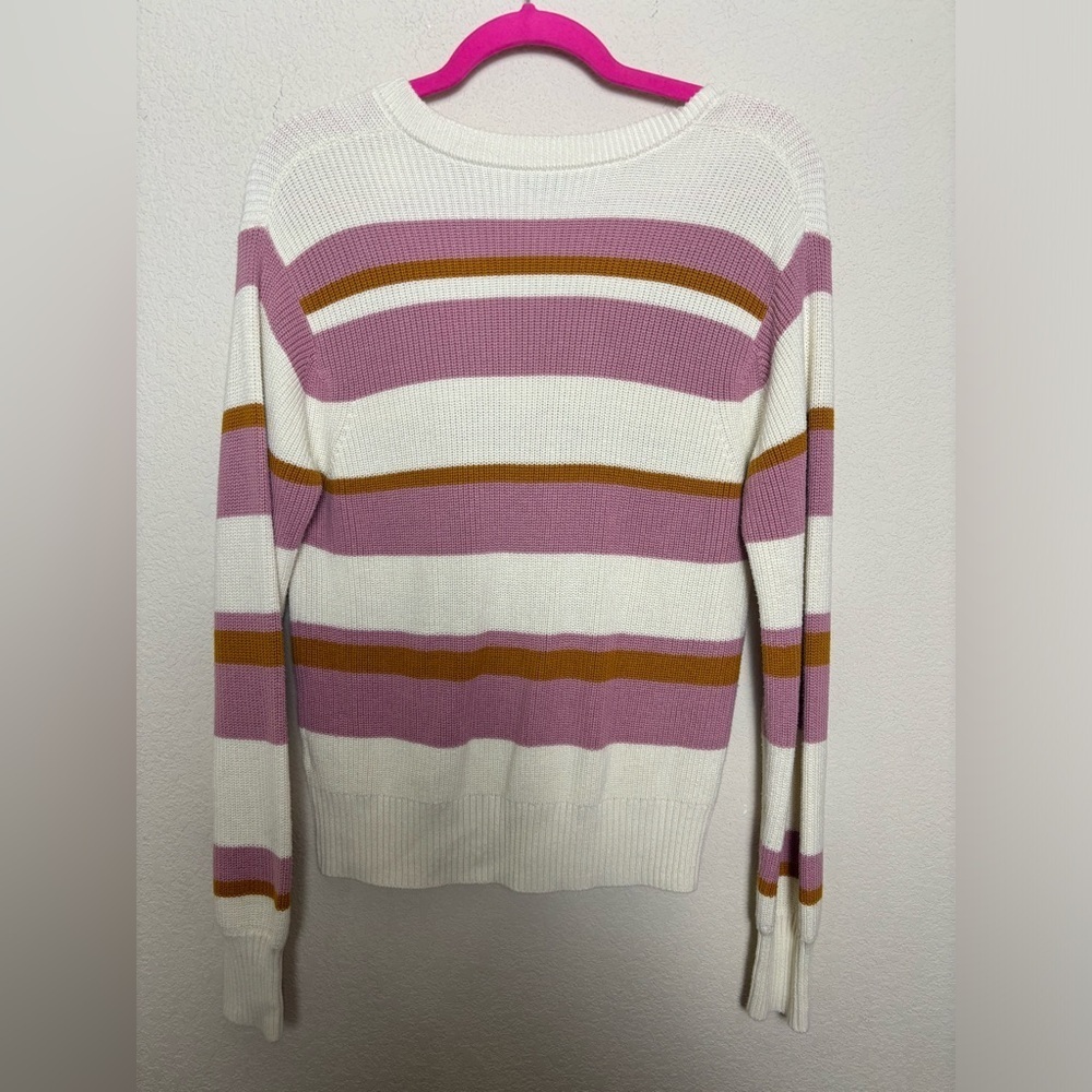PAIGE Negin V-Neck Knit Sweater in Fuchsia, Gold, and Cream Stripes Small - Picture 5 of 7